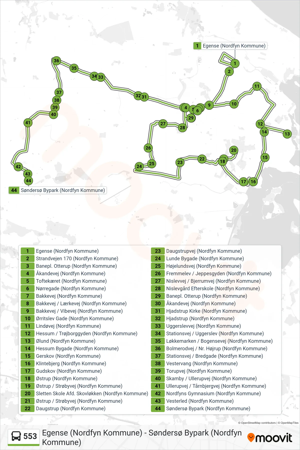 553 bus Linje (Søndersø) rute og stop på et kort