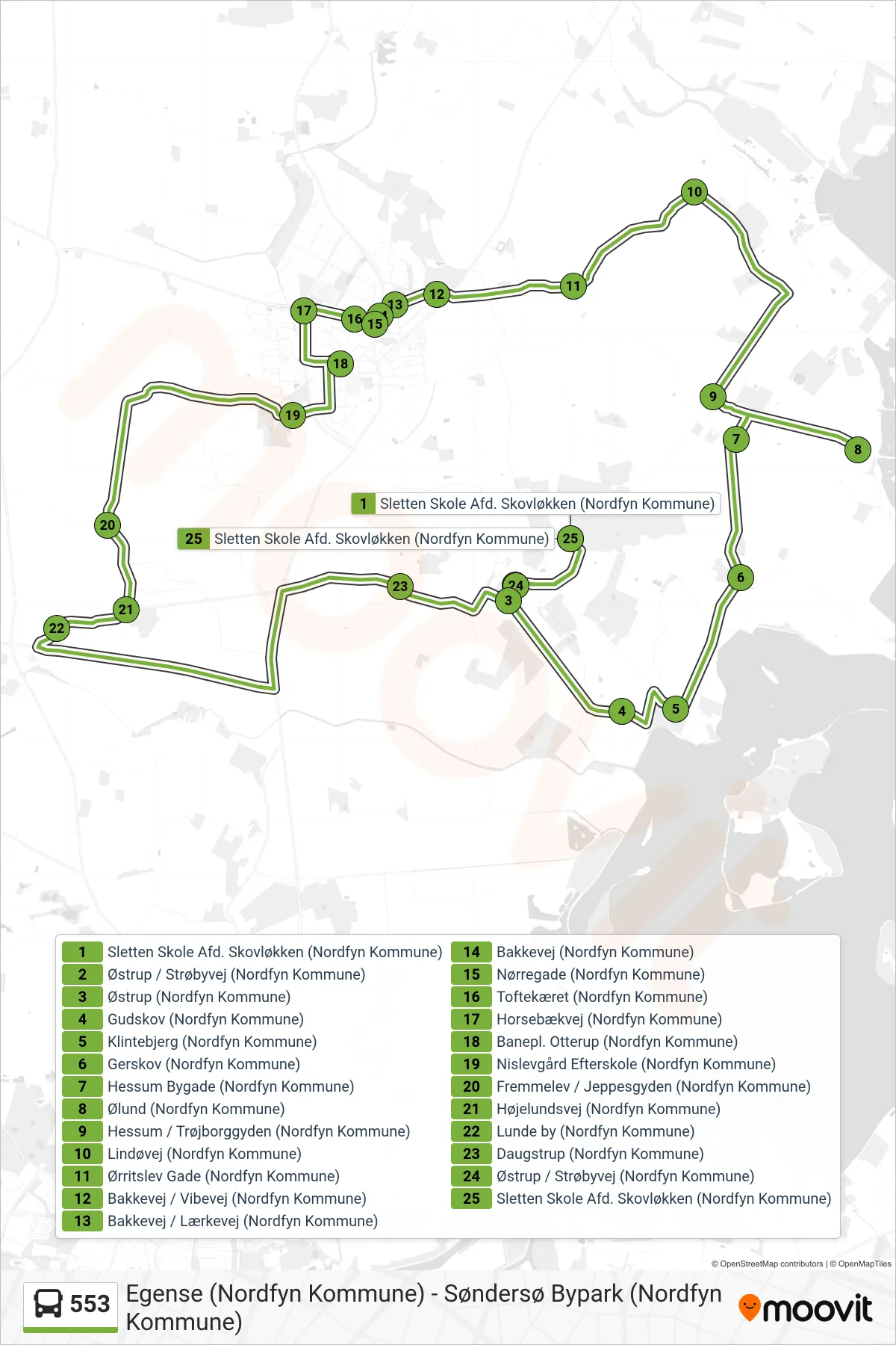 553 bus Linje (Otterup - Skovløkken) rute og stop på et kort