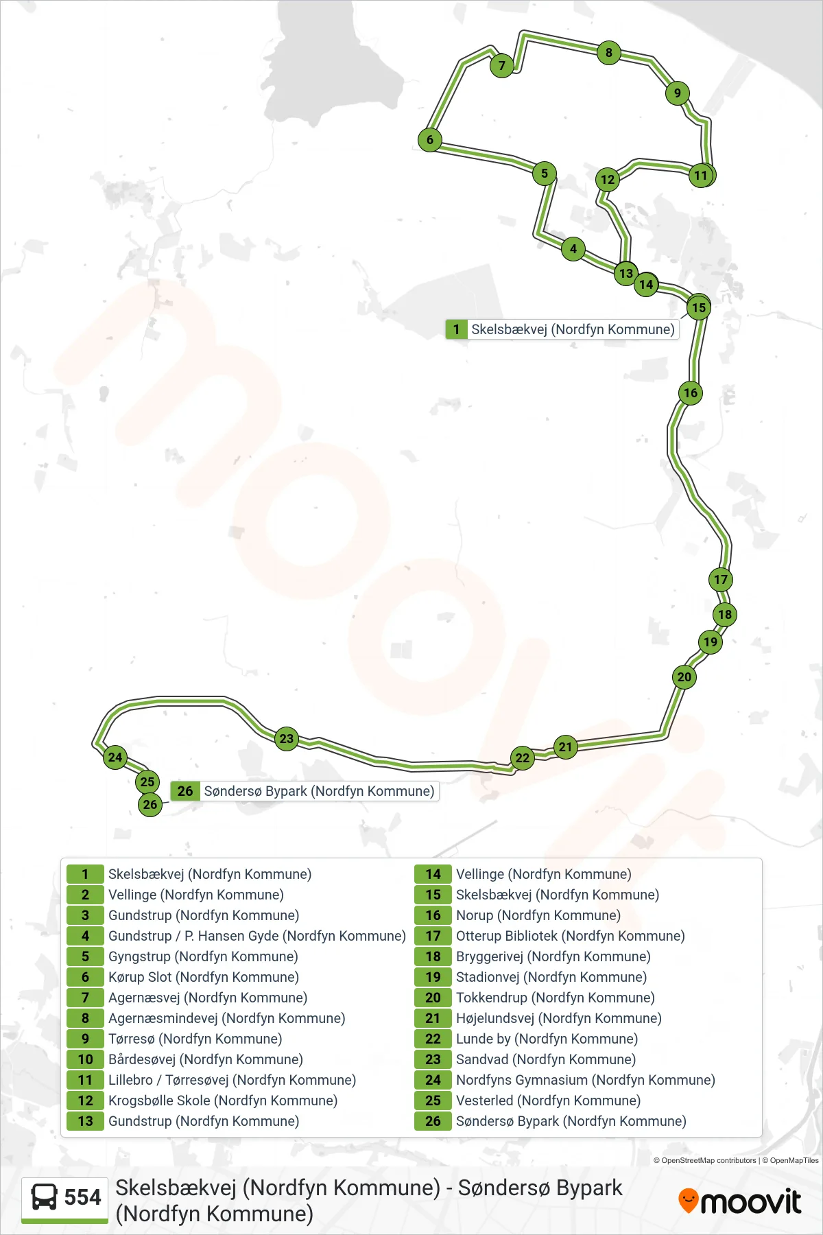 554 bus Linje (Krogsbølle - Søndersø) rute og stop på et kort