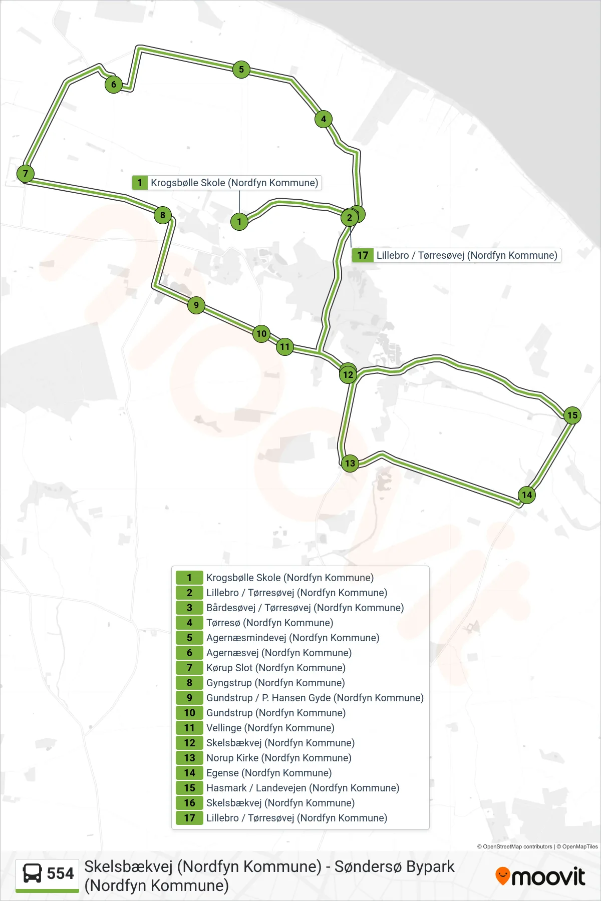554 bus Linje (Norup-Egense) rute og stop på et kort