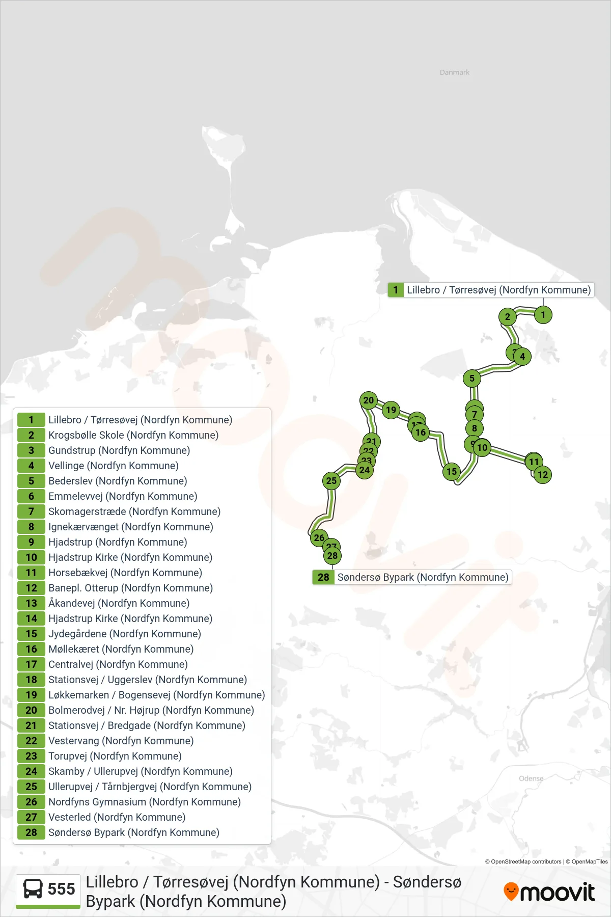 555 bus Linje (Otterup - Søndersø) rute og stop på et kort