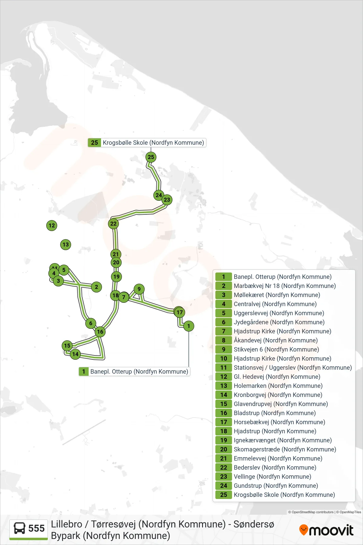 555 bus Line (Krogsbølle) route and stops on a map