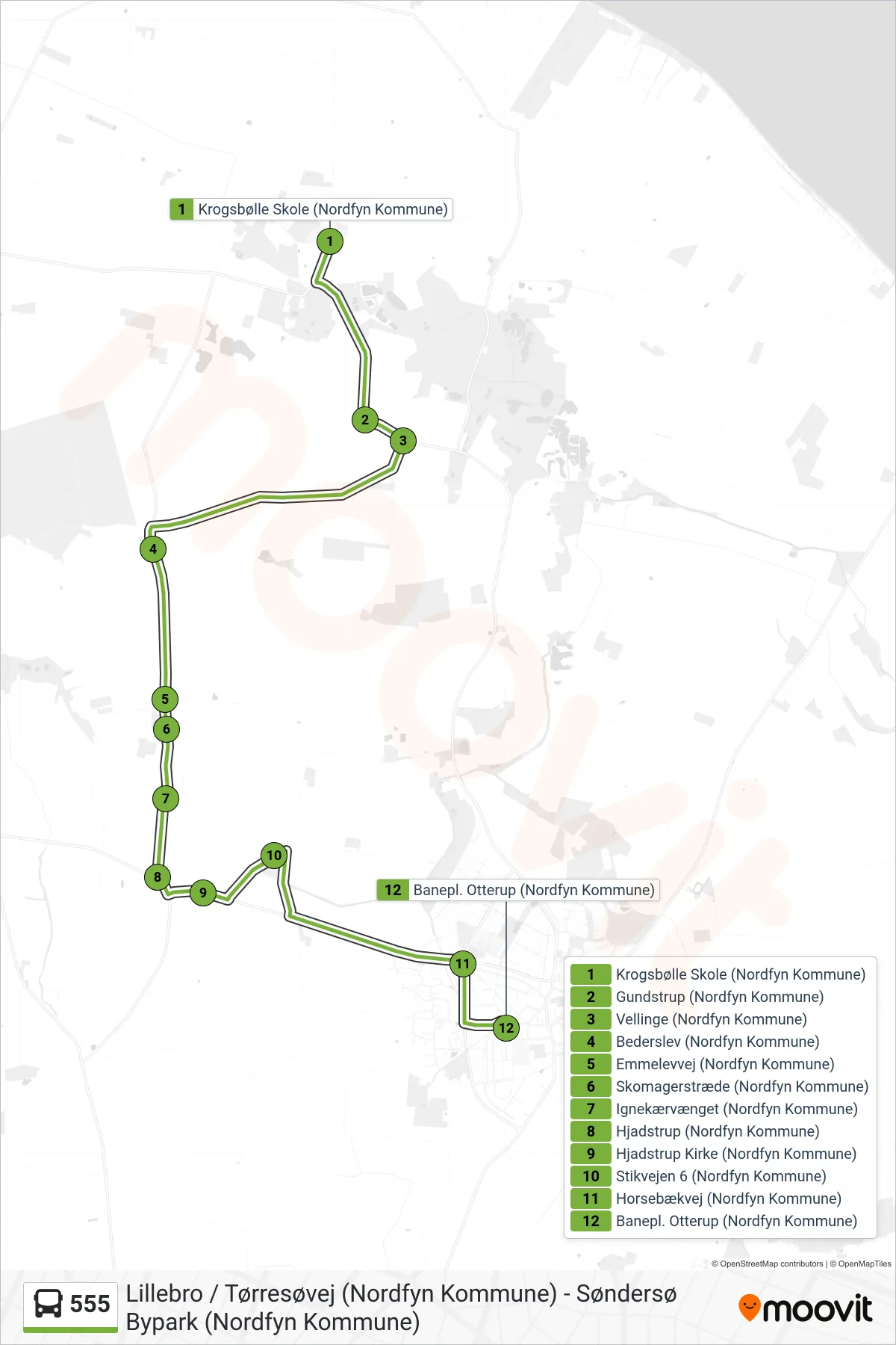 555 bus Linje (Otterup) rute og stop på et kort