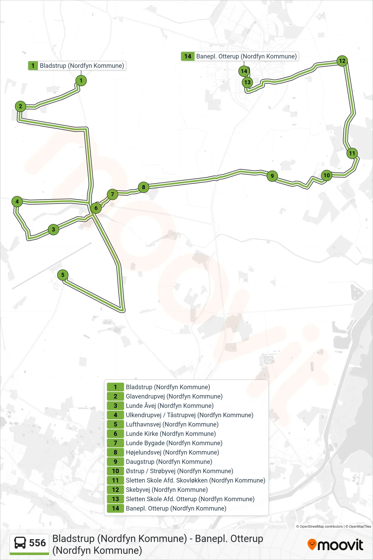 556 bus Linje (Otterup) rute og stop på et kort