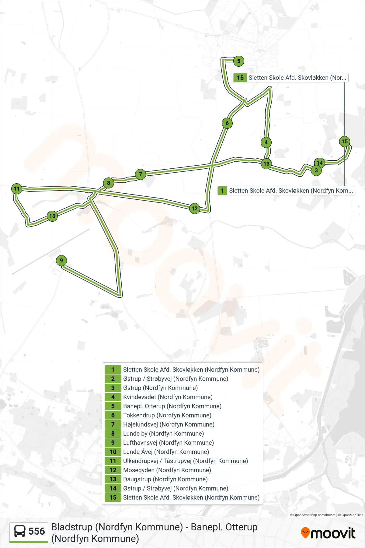556 bus Linje (Lunde) rute og stop på et kort