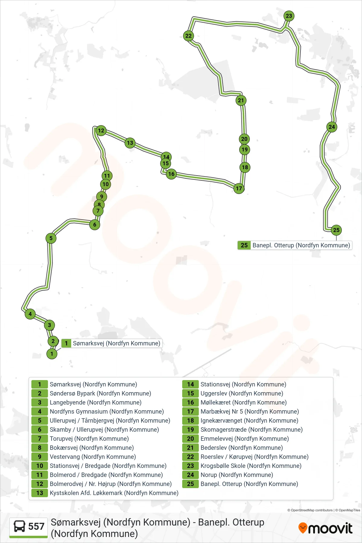 557 bus Linje (Otterup) rute og stop på et kort