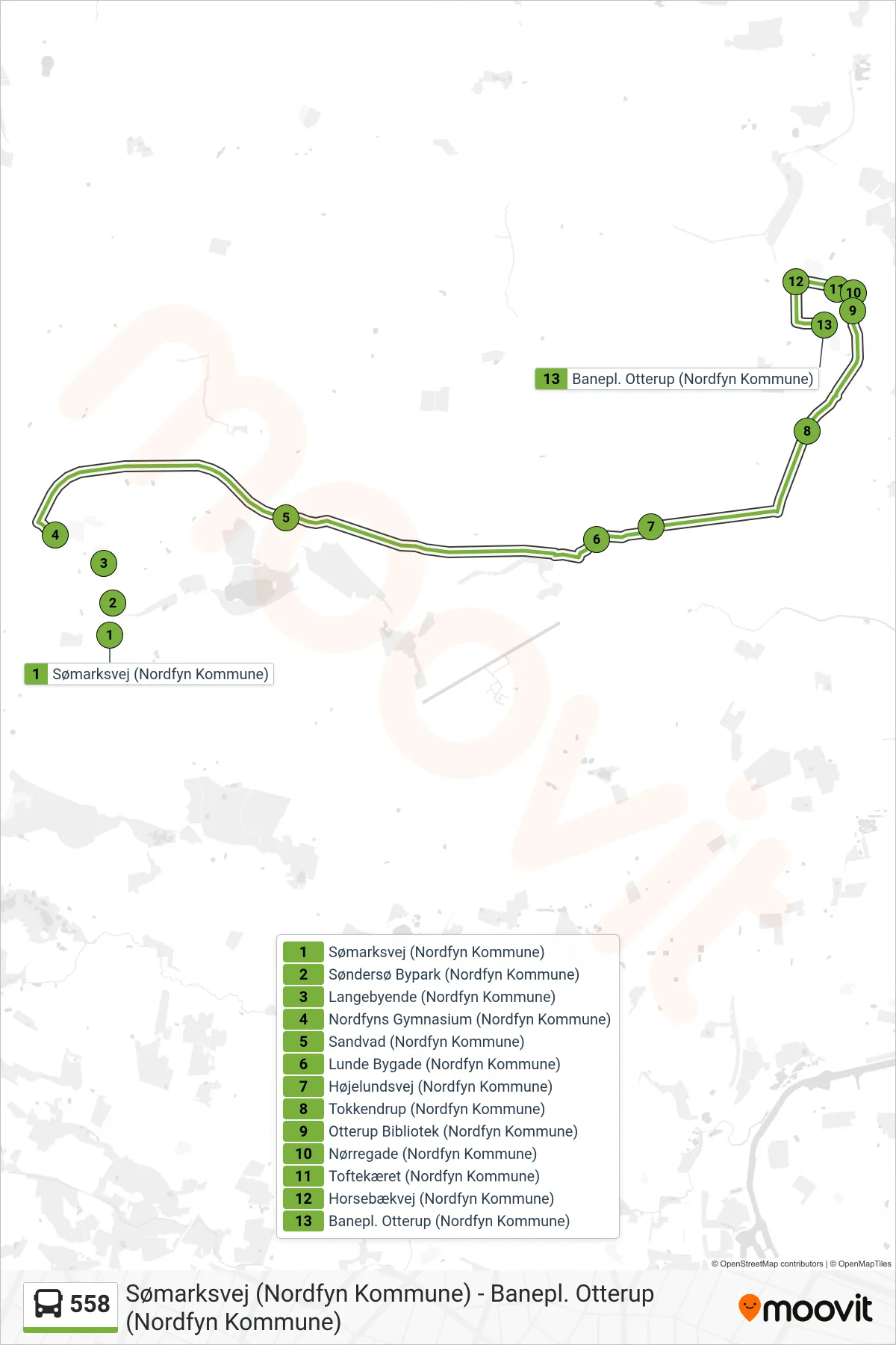 558 bus Linje (Otterup) rute og stop på et kort