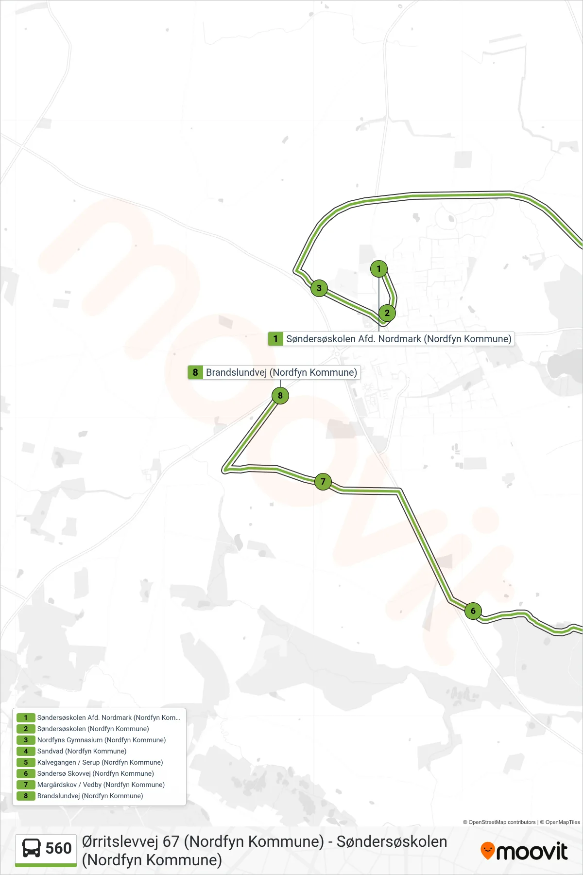 560 bus Line (Vedby) route and stops on a map