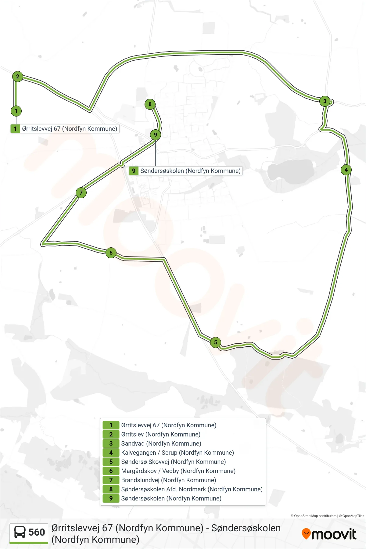 560 bus Linje (Søndersø) rute og stop på et kort