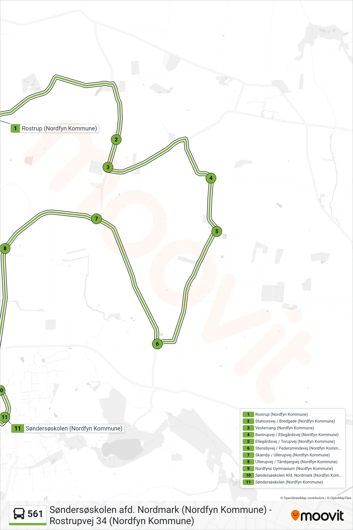 561 bus Linje (Søndersø) rute og stop på et kort