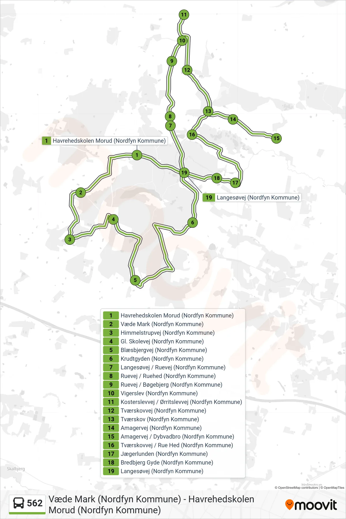 562 bus Linje (Morud) rute og stop på et kort