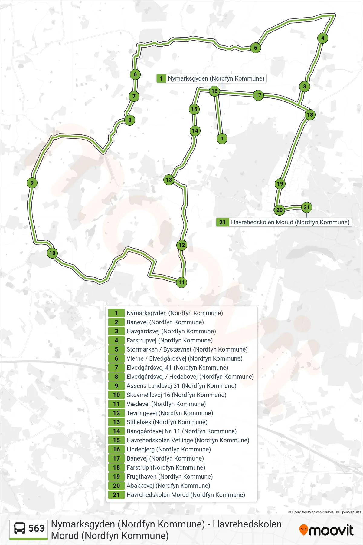 563 bus Linje (Morud) rute og stop på et kort