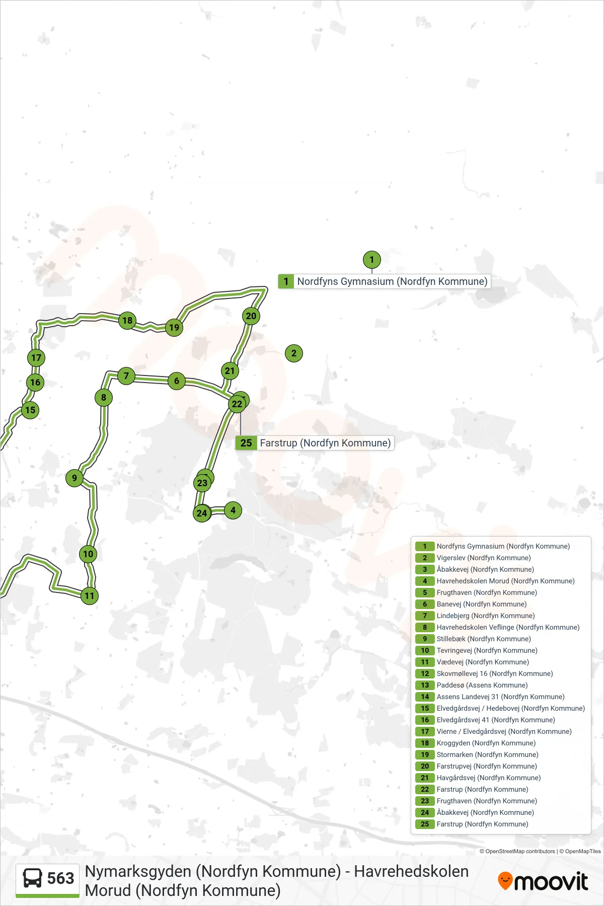 563 bus Linje (Hårslev) rute og stop på et kort