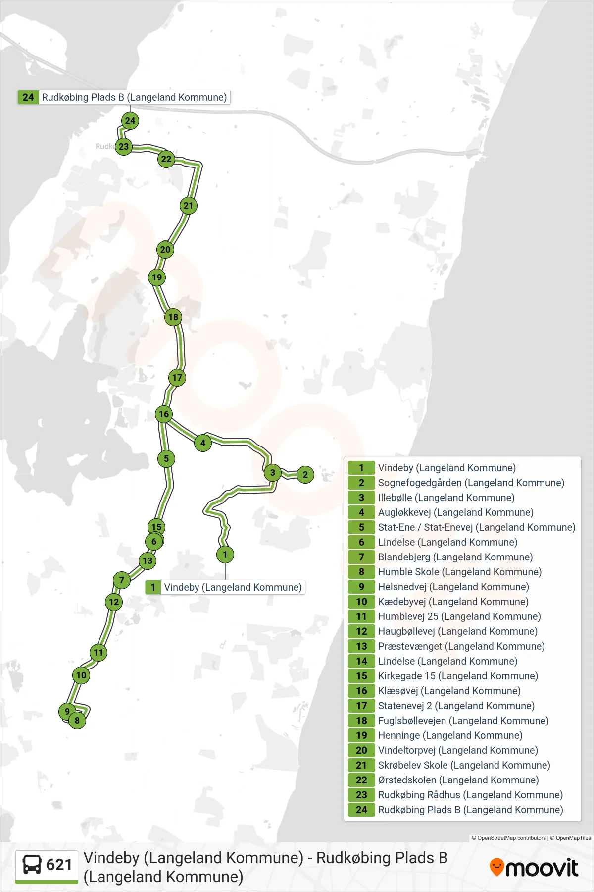 621 bus Linje (Rudkøbing) rute og stop på et kort