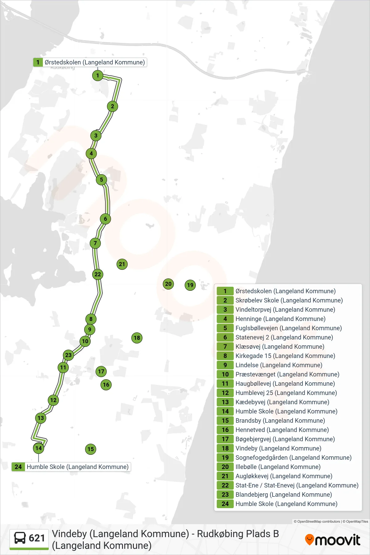 621 bus Linje (Humble) rute og stop på et kort