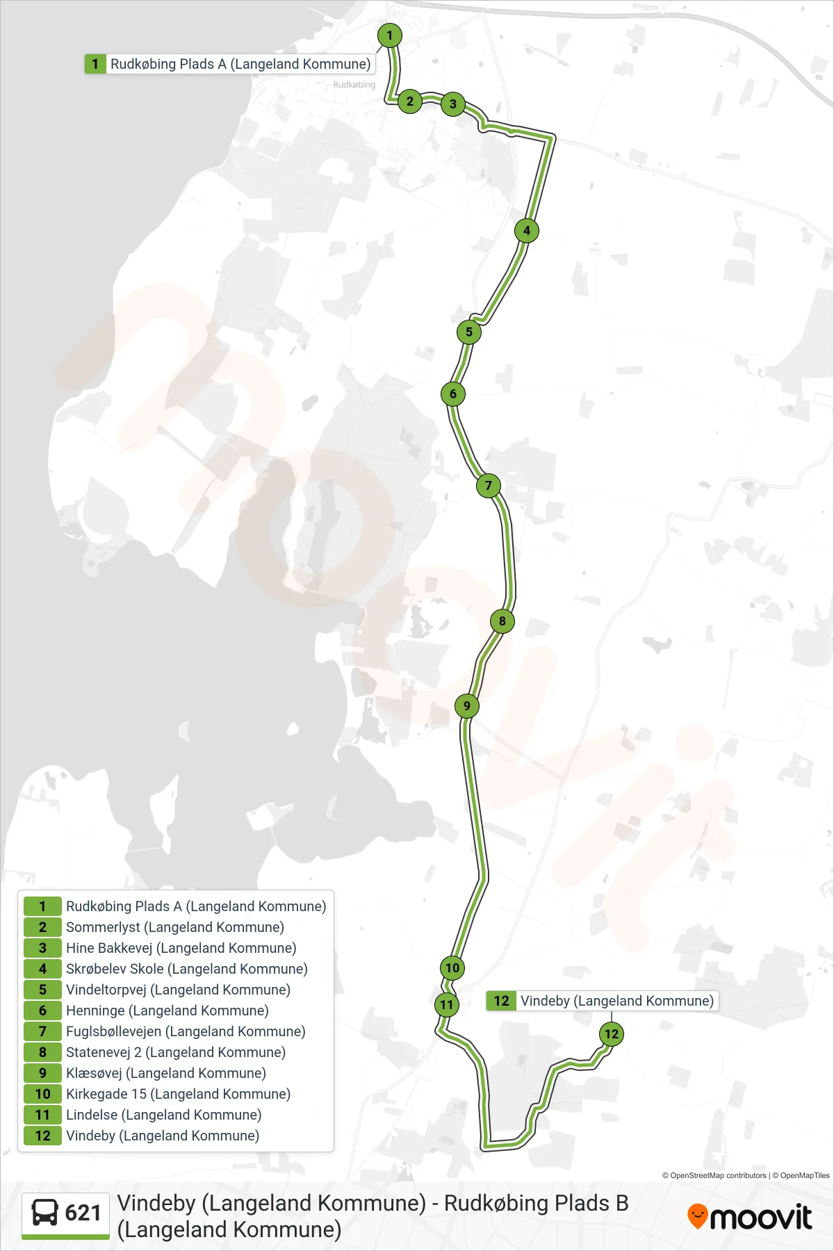 621 bus Linje (Vindeby) rute og stop på et kort