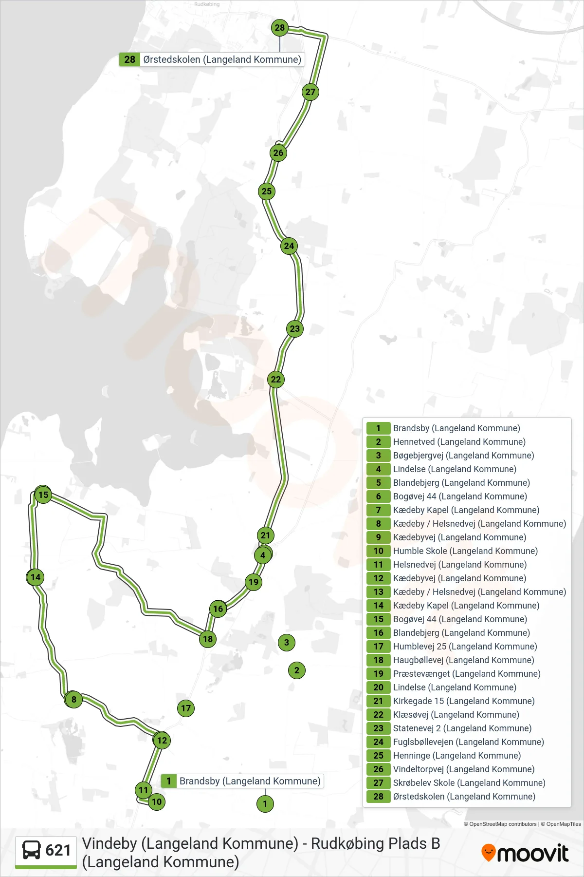 621 bus Linje (Ørstedskolen) rute og stop på et kort