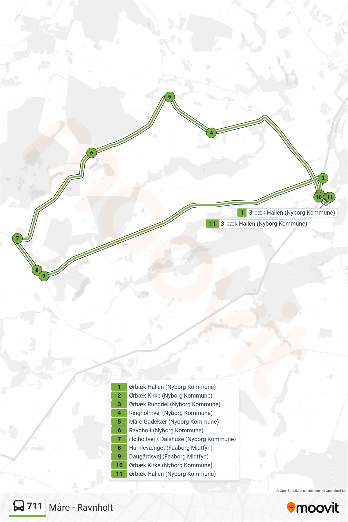 711 bus Linje (Måre - Ravnholt) rute og stop på et kort