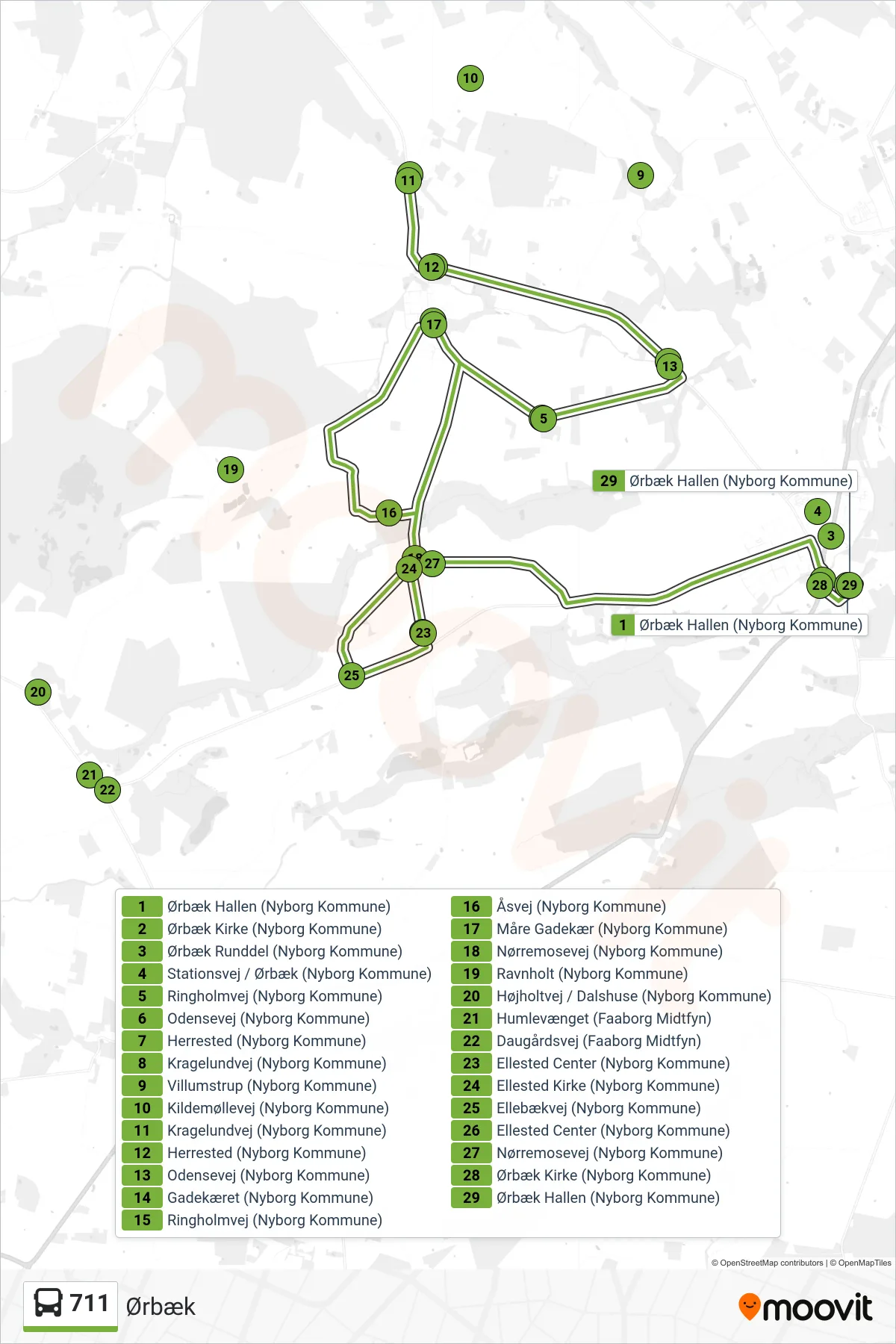 711 bus Line (Ørbæk) route and stops on a map