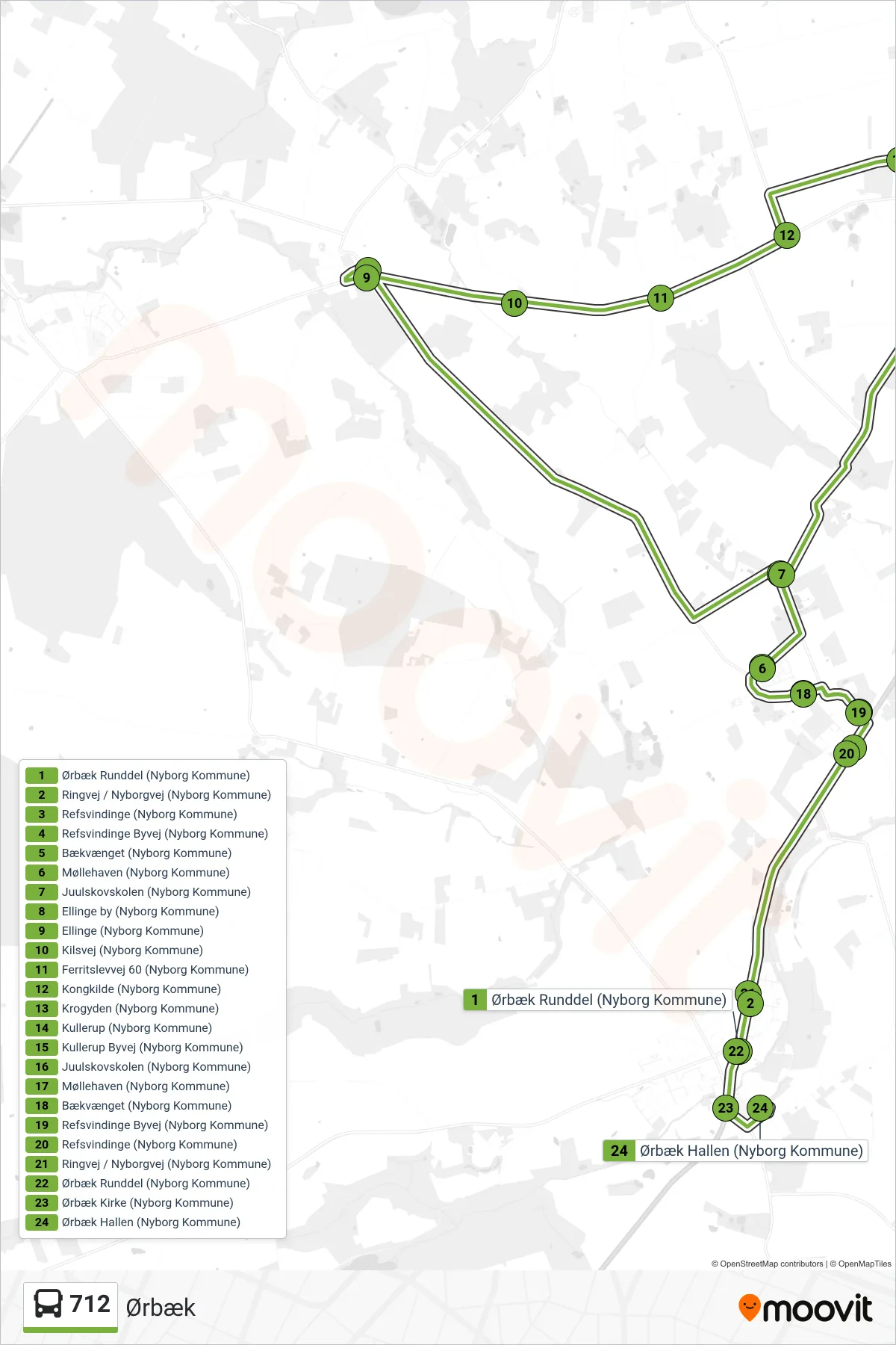 712 bus Linje (Ørbæk) rute og stop på et kort
