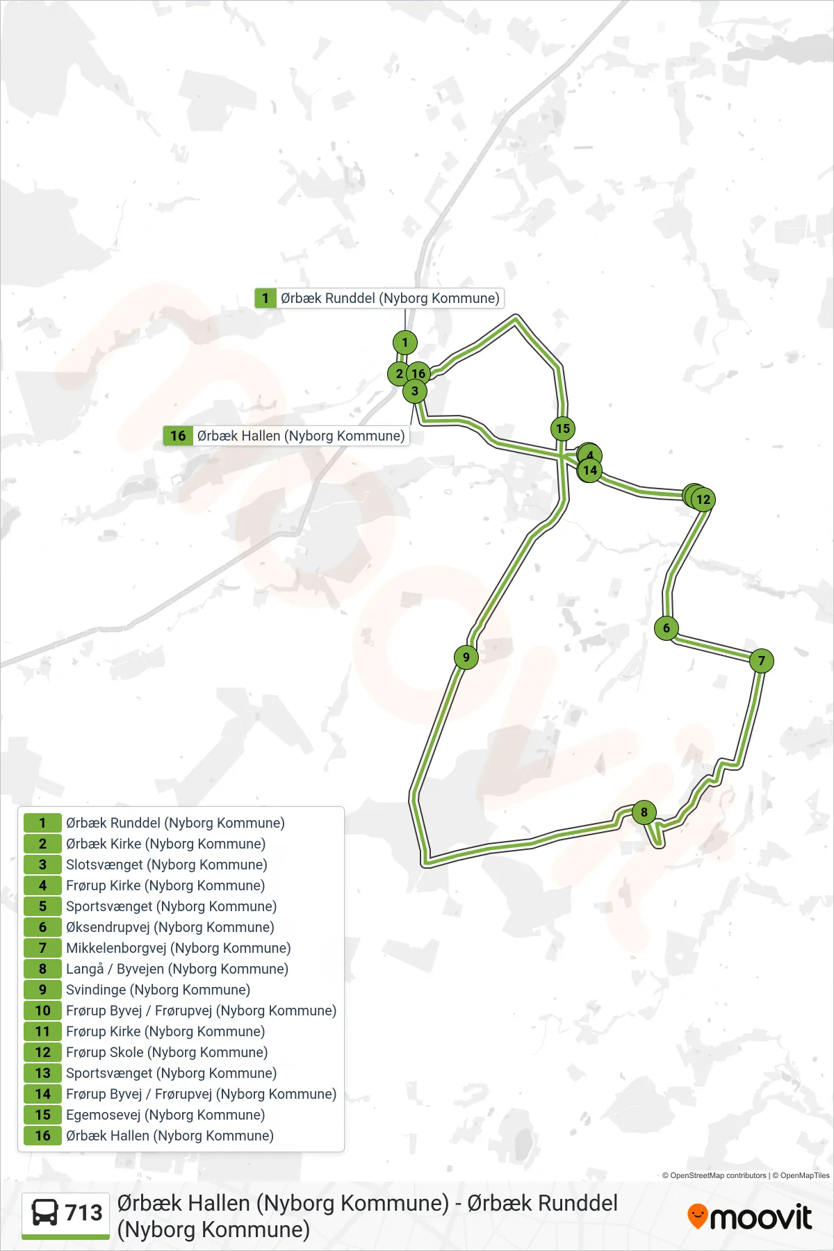 713 bus Linje (Ørbæk) rute og stop på et kort
