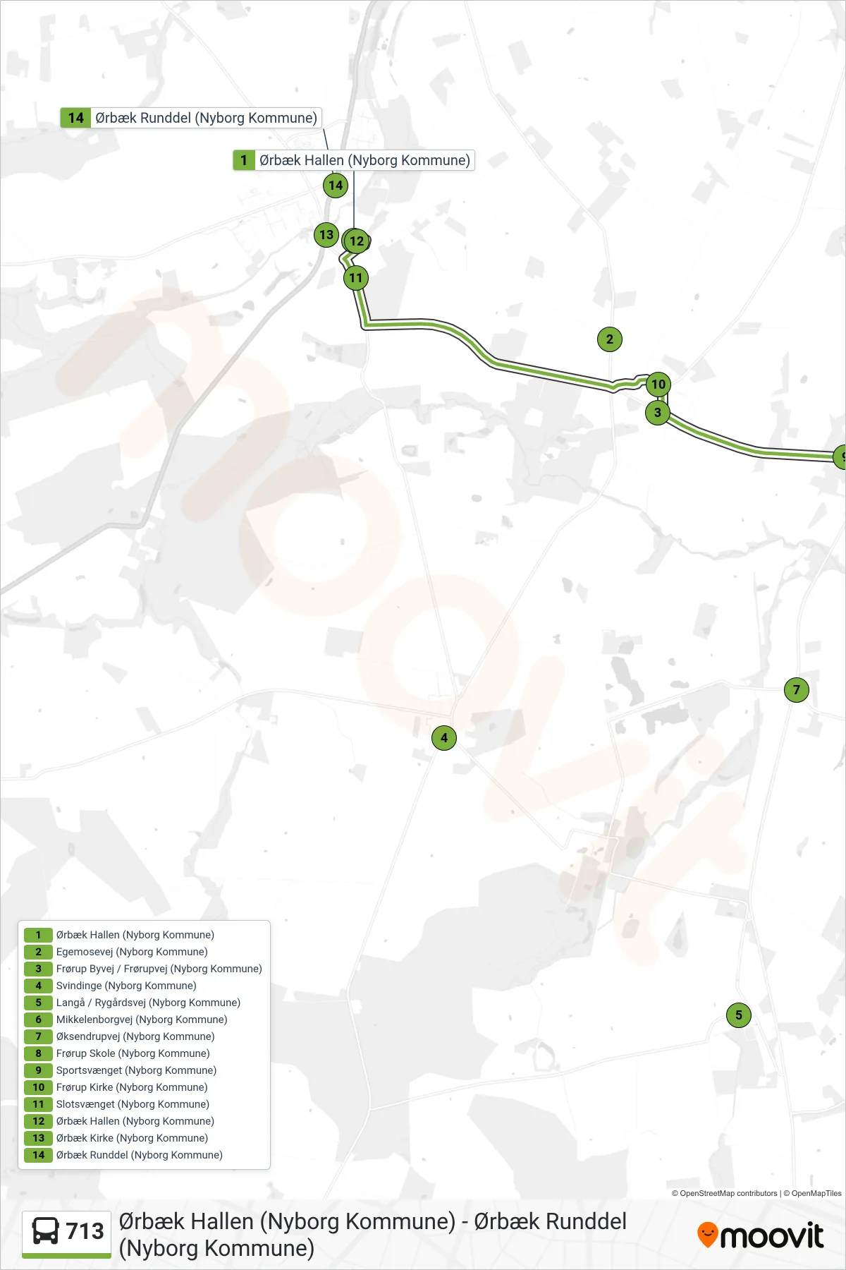 713 bus Linje (Ørbæk) rute og stop på et kort