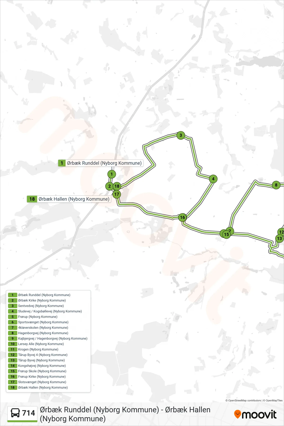 714 bus Line (Ørbæk) route and stops on a map