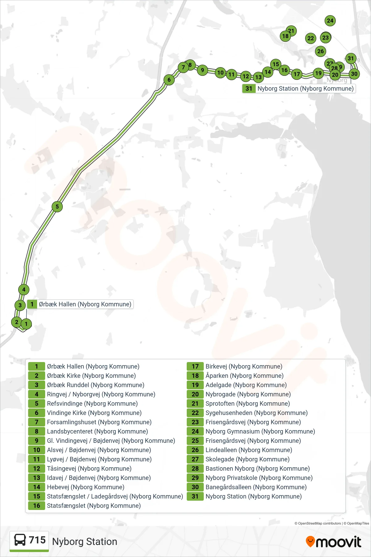 715 bus Linje (Nyborg Station) rute og stop på et kort