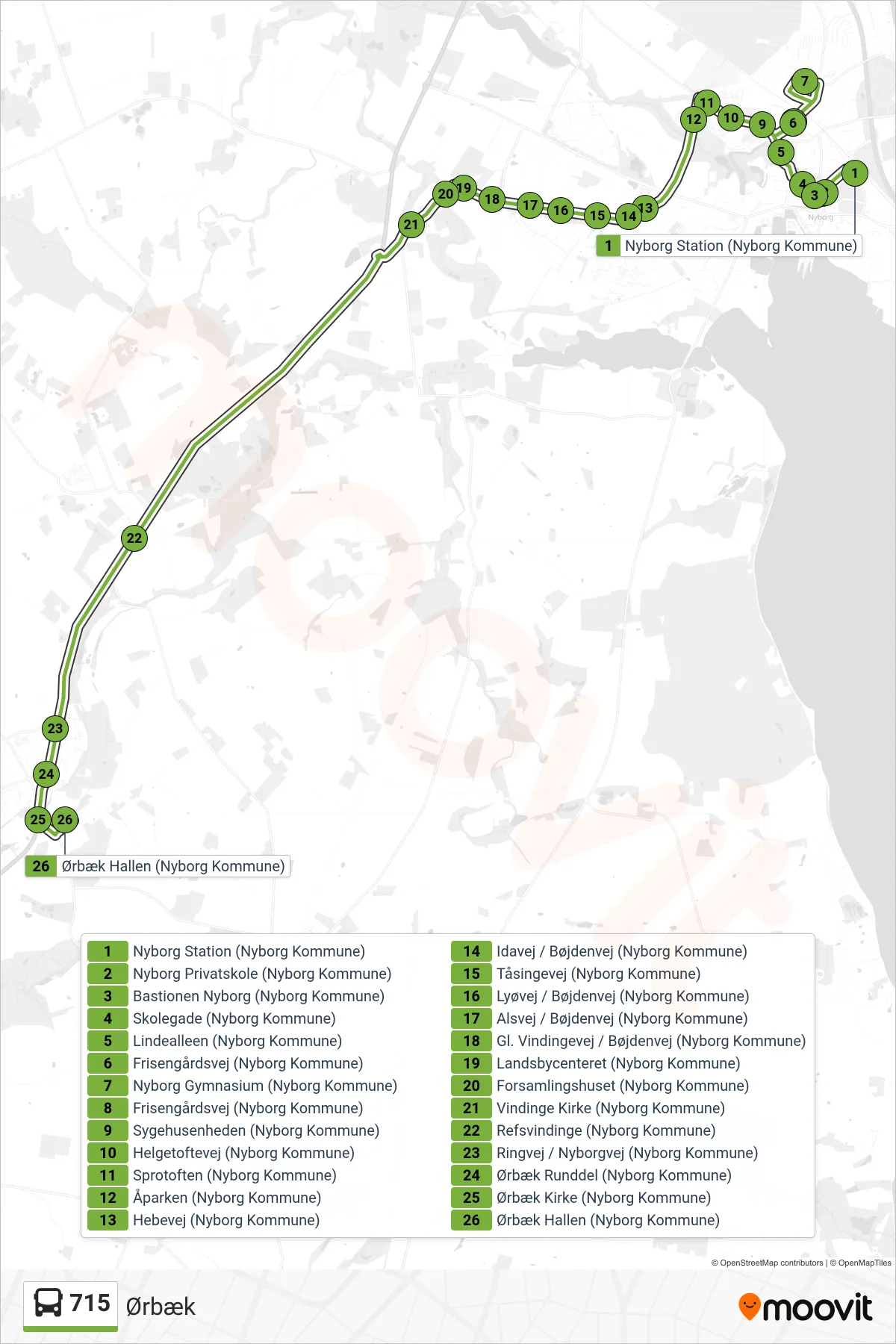 715 bus Linje (Ørbæk) rute og stop på et kort