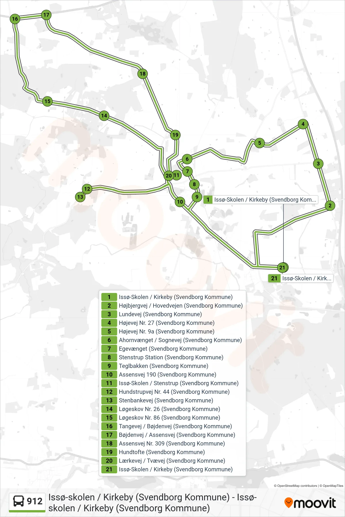 912 bus Linje (Kirkeby) rute og stop på et kort
