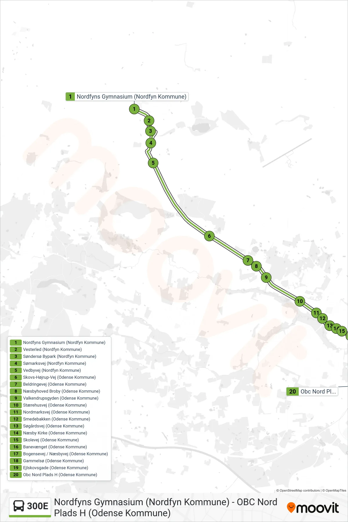 300E bus Linje (Odense) rute og stop på et kort