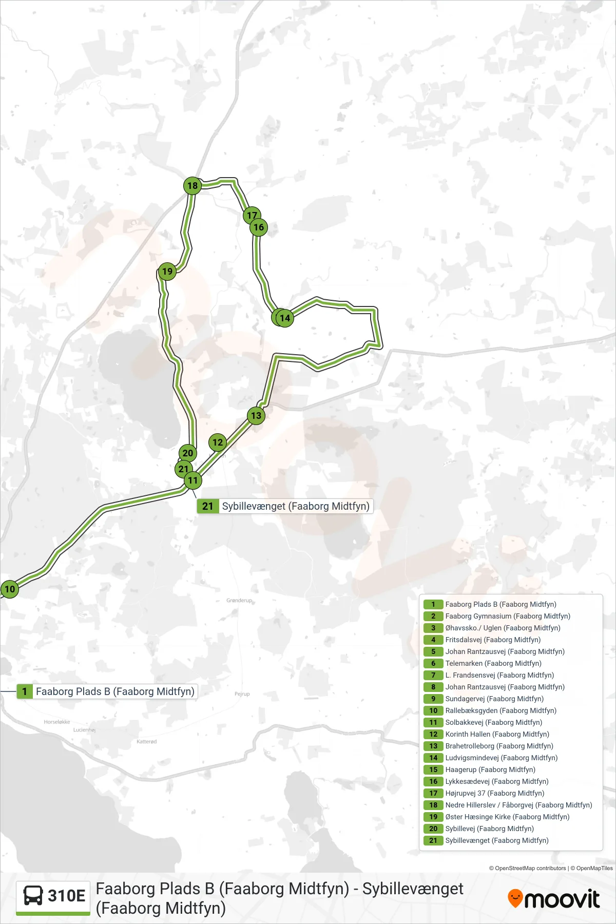 310E bus Linje (Brahetrolleborg Skole) rute og stop på et kort