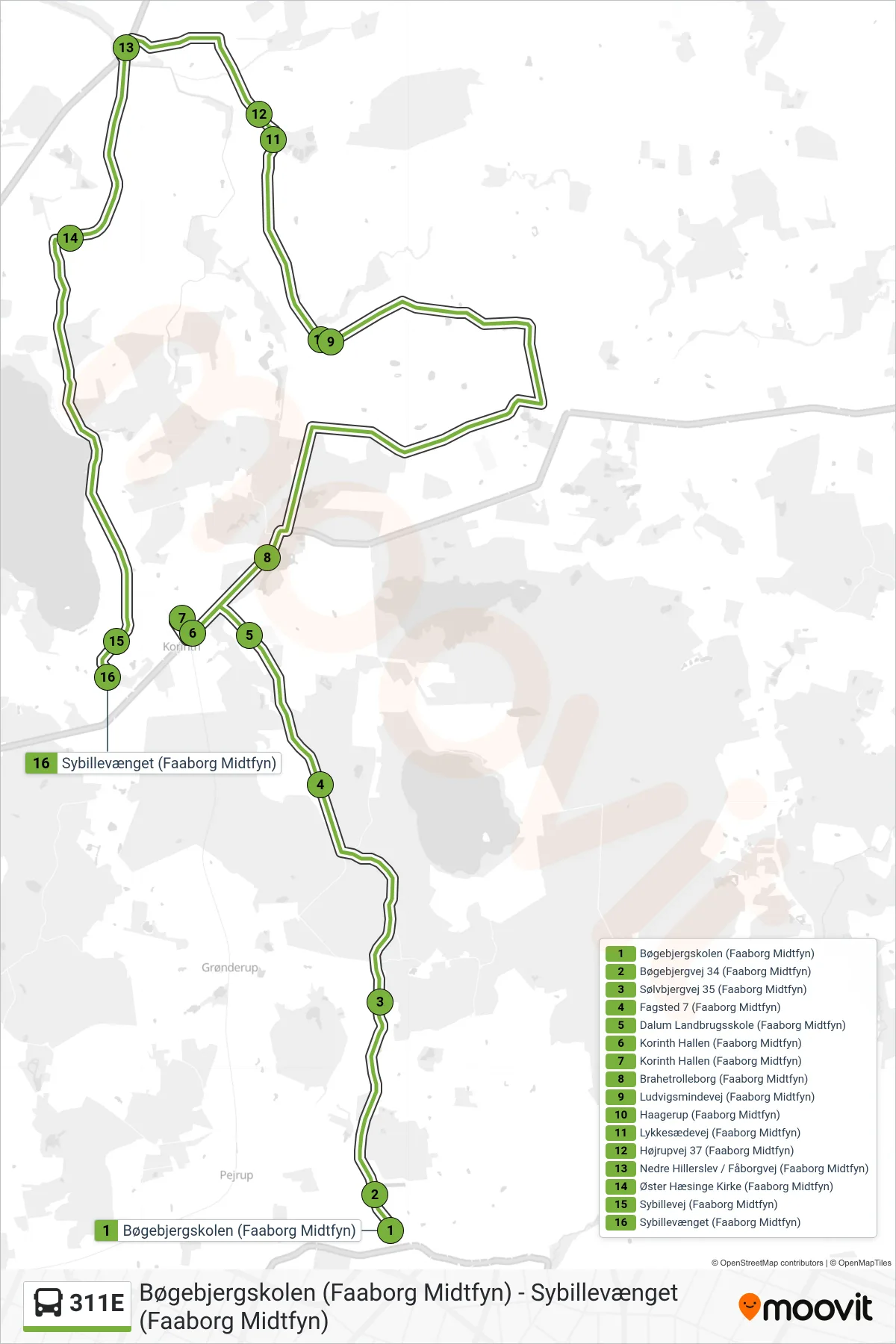 311E bus Linje (Korinth) rute og stop på et kort