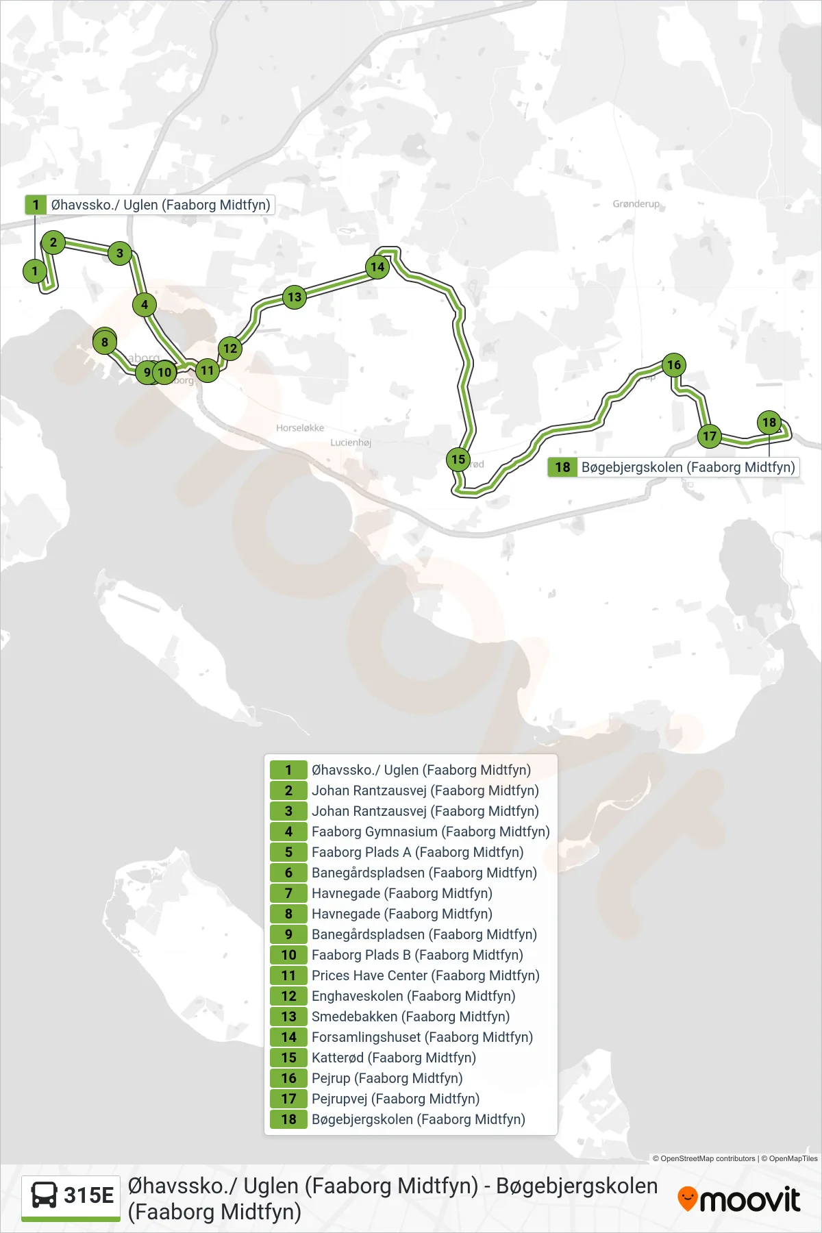 315E bus Linje (Bøgebjergskolen) rute og stop på et kort
