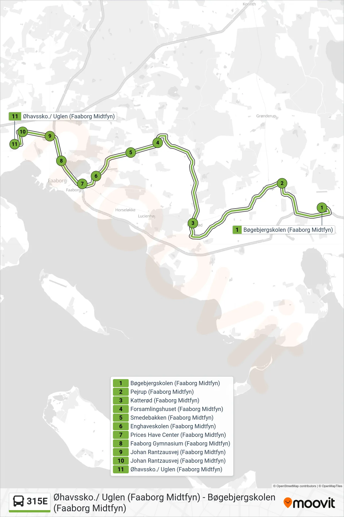 315E bus Linje (Øhavsskolen Uglen) rute og stop på et kort