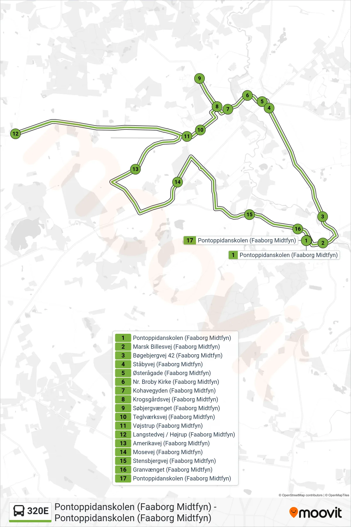 320E bus Linje (Brobyværk) rute og stop på et kort
