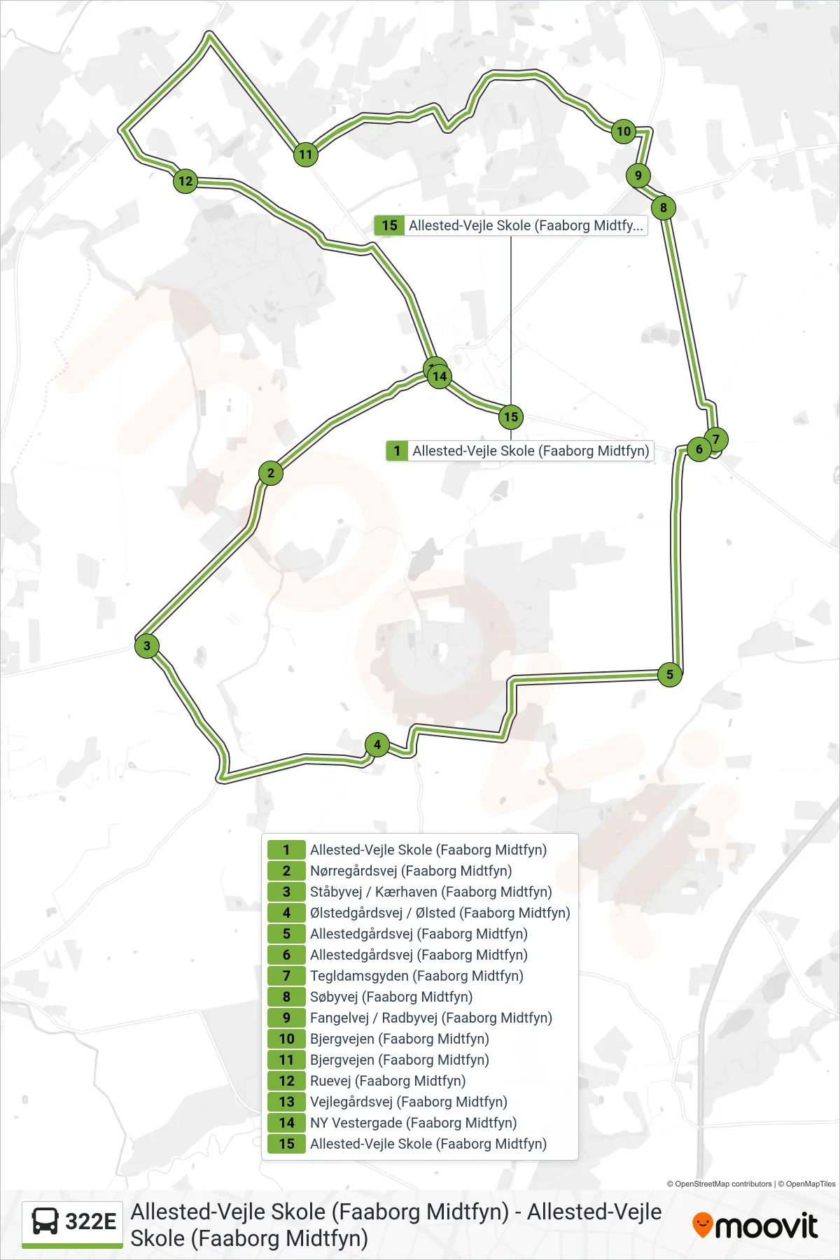 322E bus Linje (Allested-Vejle) rute og stop på et kort