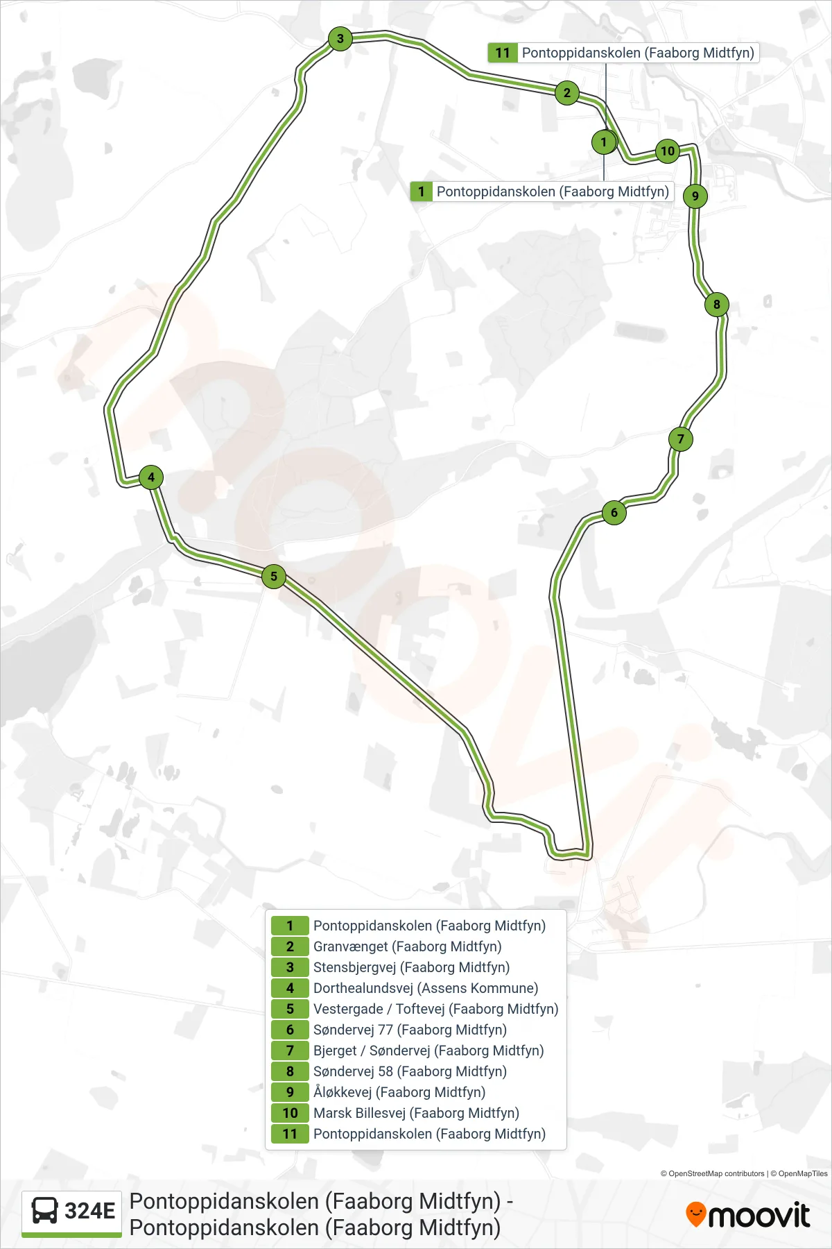 324E bus Linje (Brobyværk) rute og stop på et kort