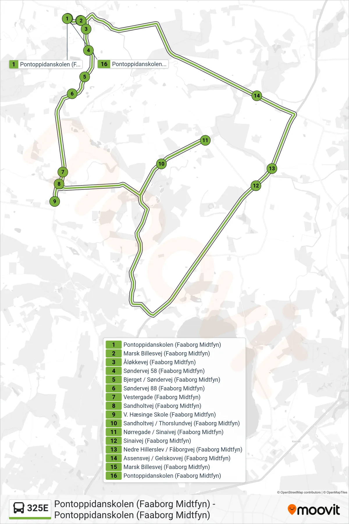 325E bus Linje (Brobyværk) rute og stop på et kort
