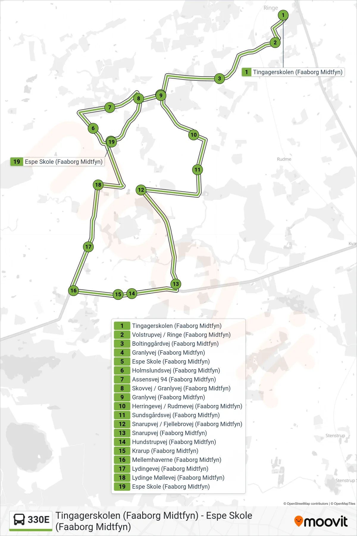 330E bus Linje (Espe) rute og stop på et kort