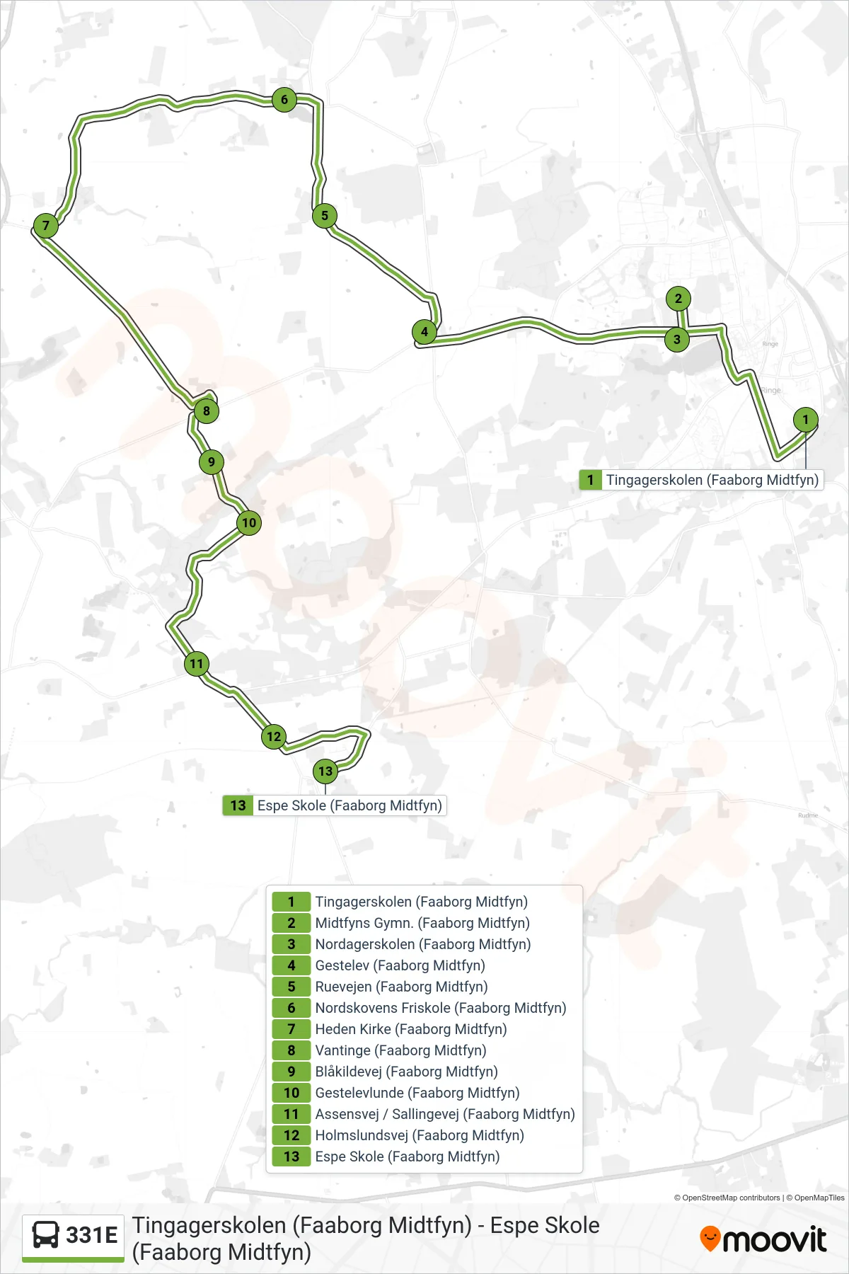 331E bus Linje (Espe) rute og stop på et kort