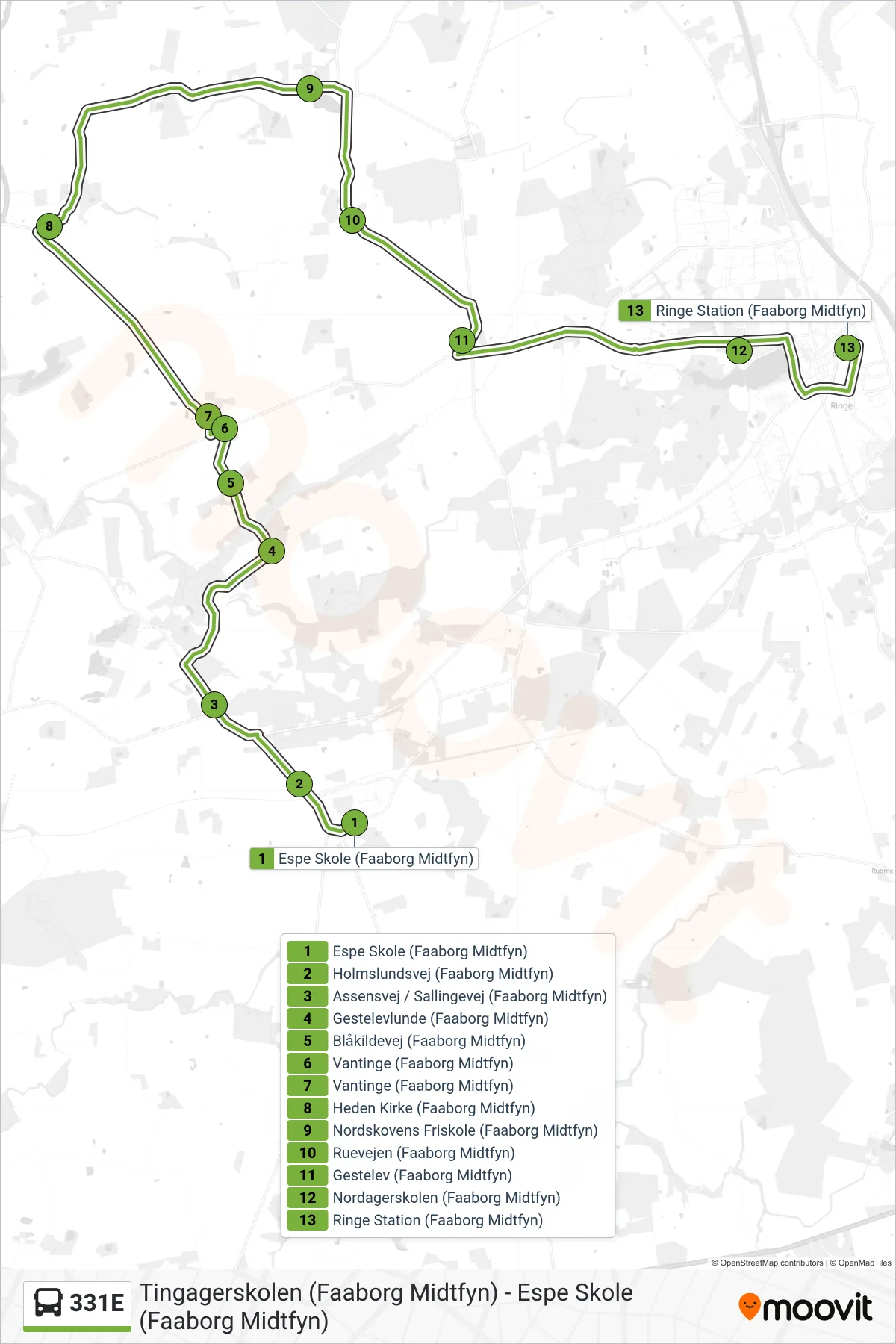 331E bus Linje (Ringe) rute og stop på et kort