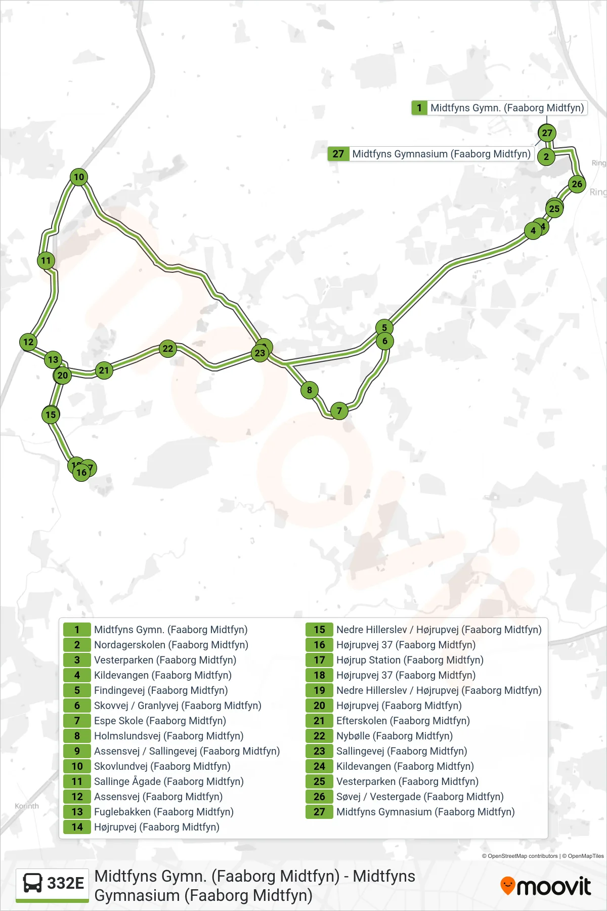 332E bus Linje (Ringe) rute og stop på et kort