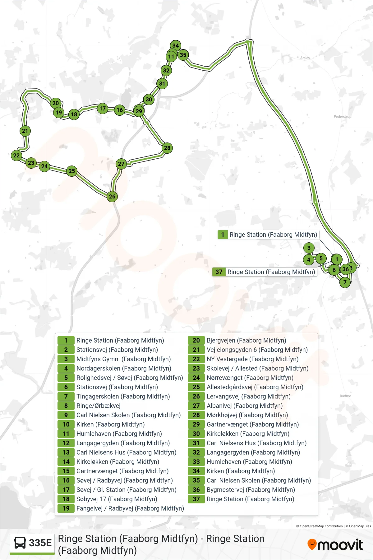 335E bus Linje (Ringe) rute og stop på et kort