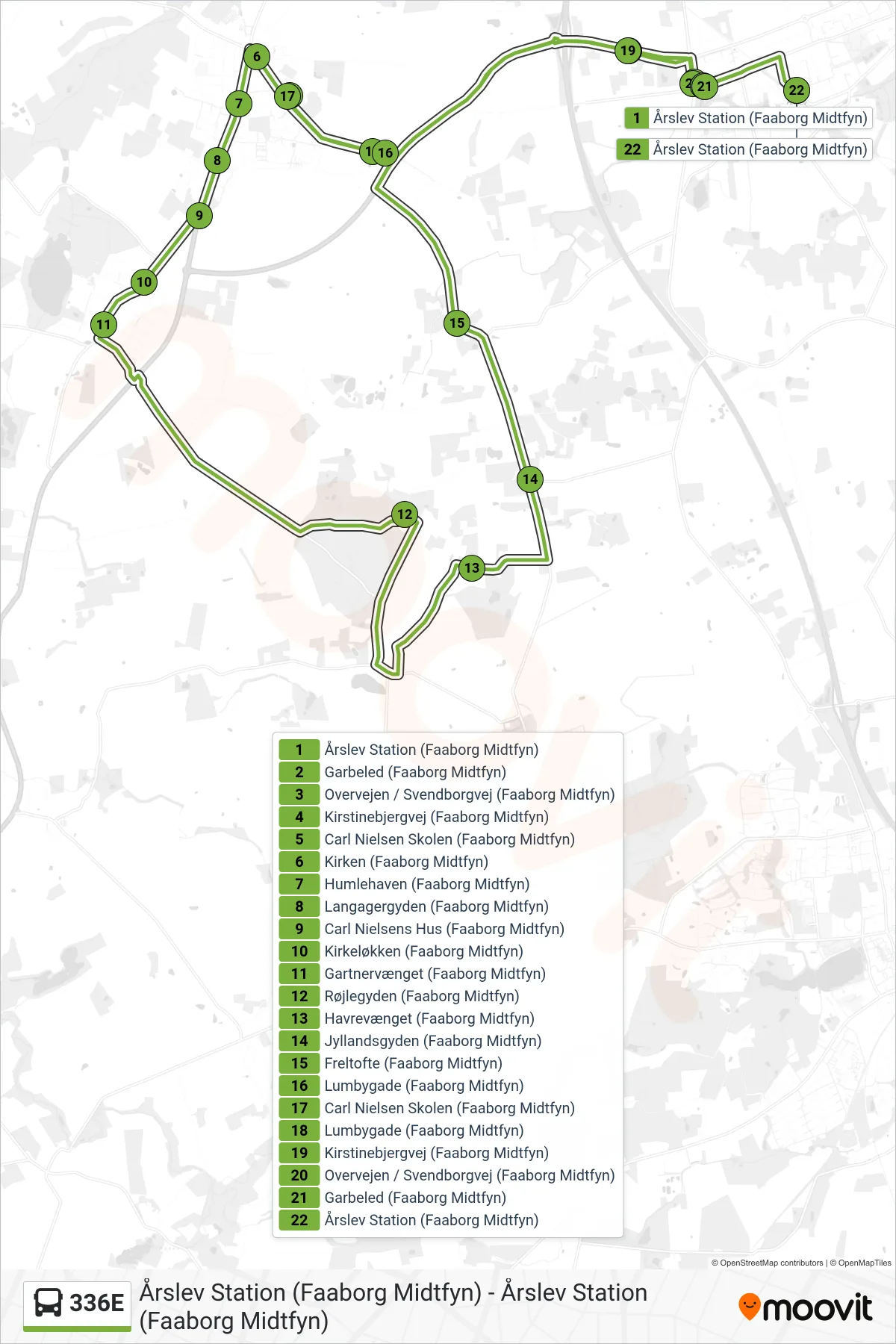 336E bus Linje (Årslev Station) rute og stop på et kort