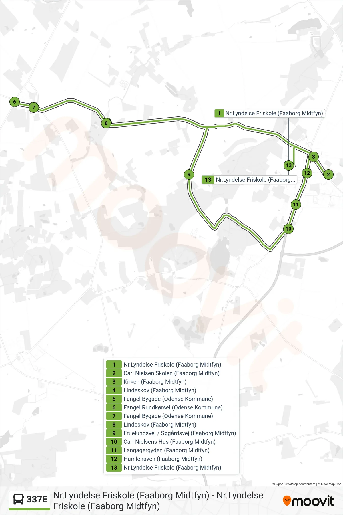 337E bus Linje (Nr. Lyndelse) rute og stop på et kort
