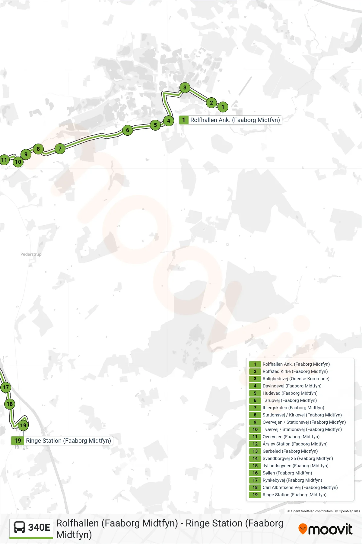 340E bus Linje (Ringe) rute og stop på et kort