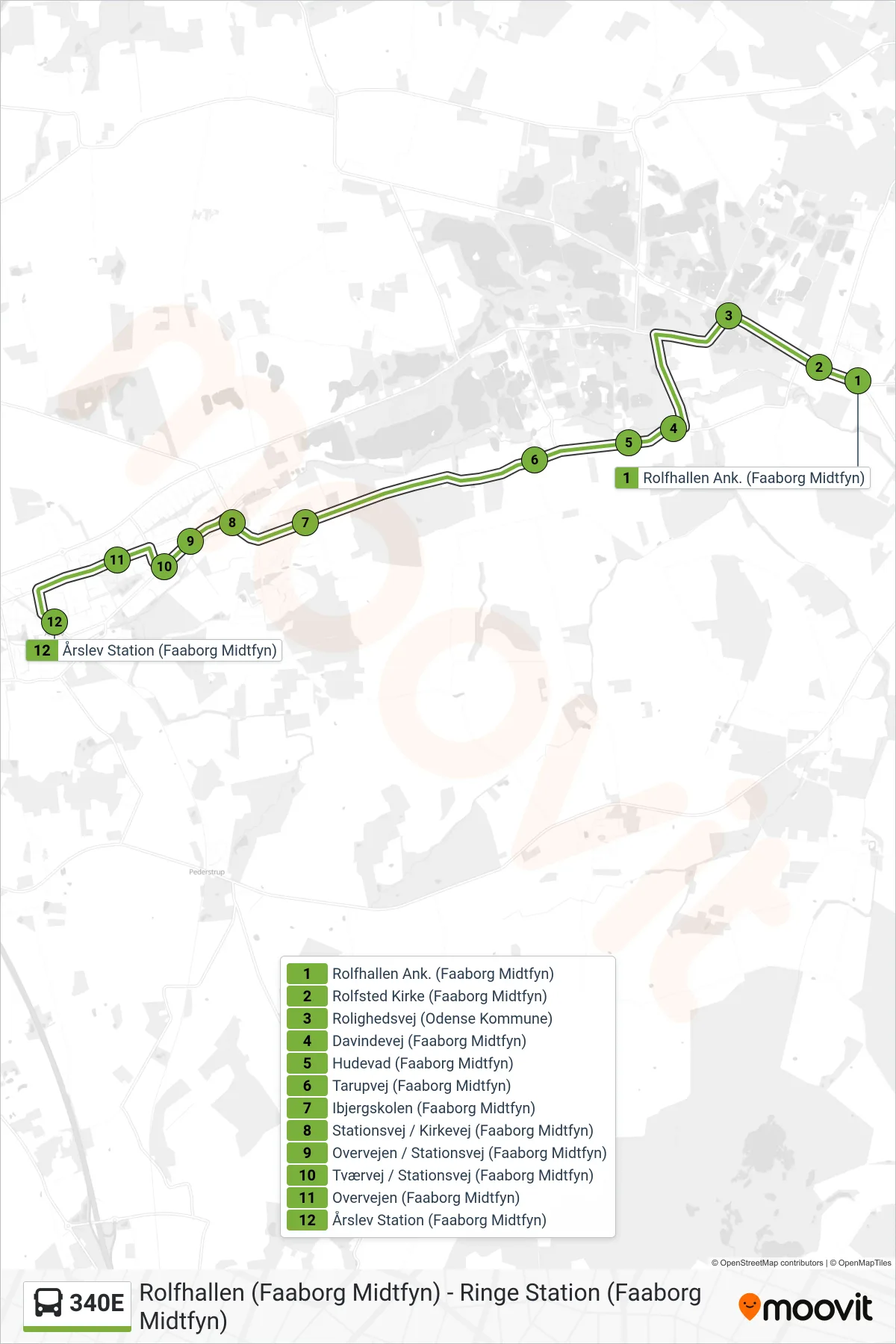 340E bus Line (Årslev) route and stops on a map