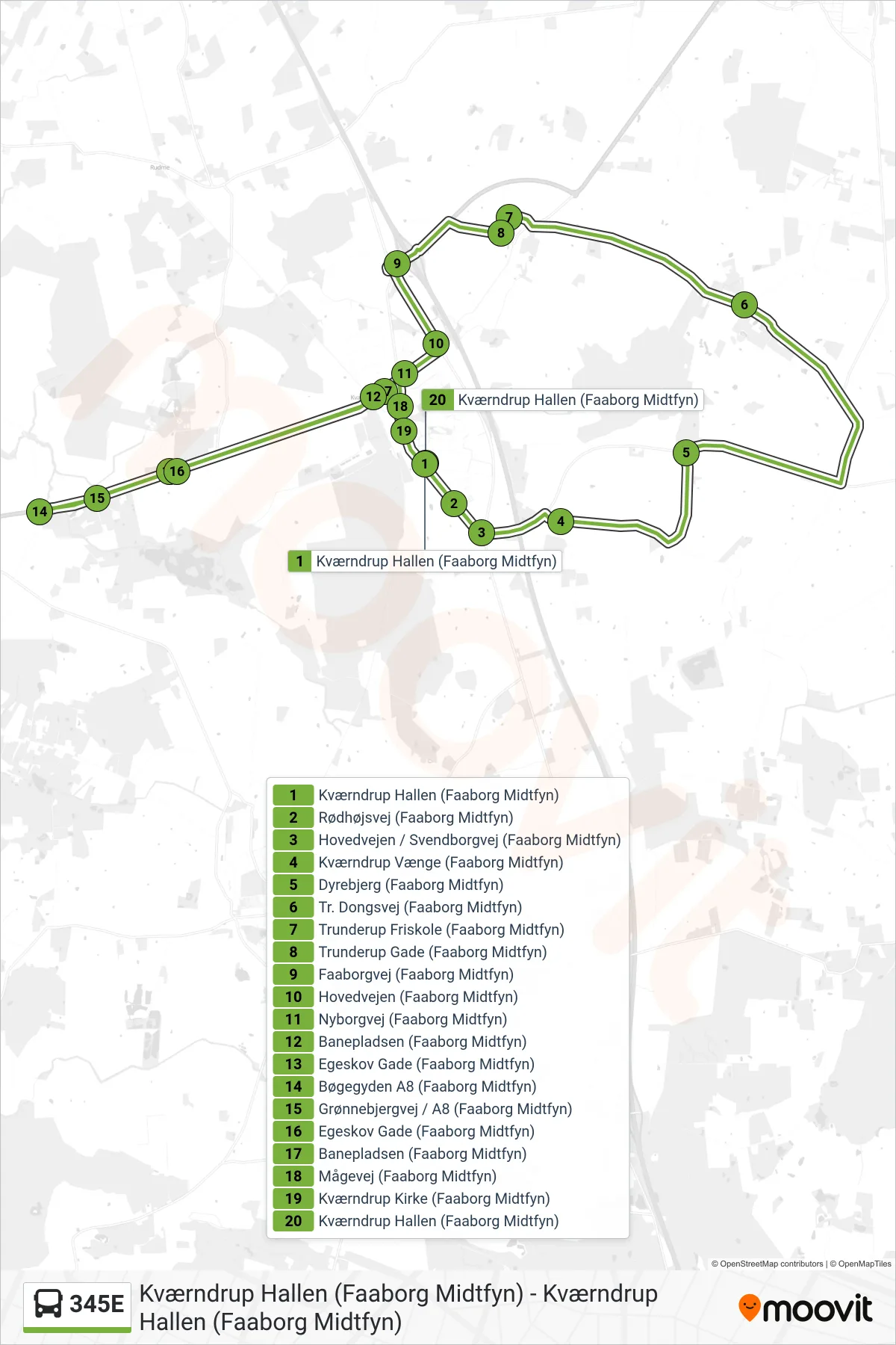 345E bus Linje (Kværndrup) rute og stop på et kort