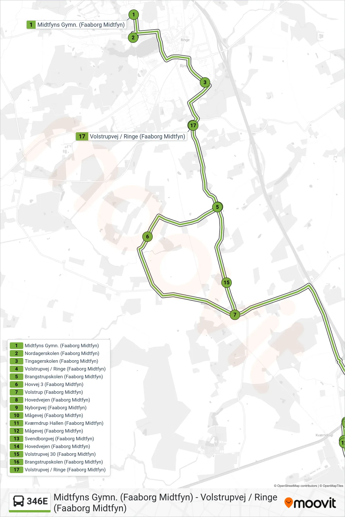 346E bus Linje (Ringe) rute og stop på et kort